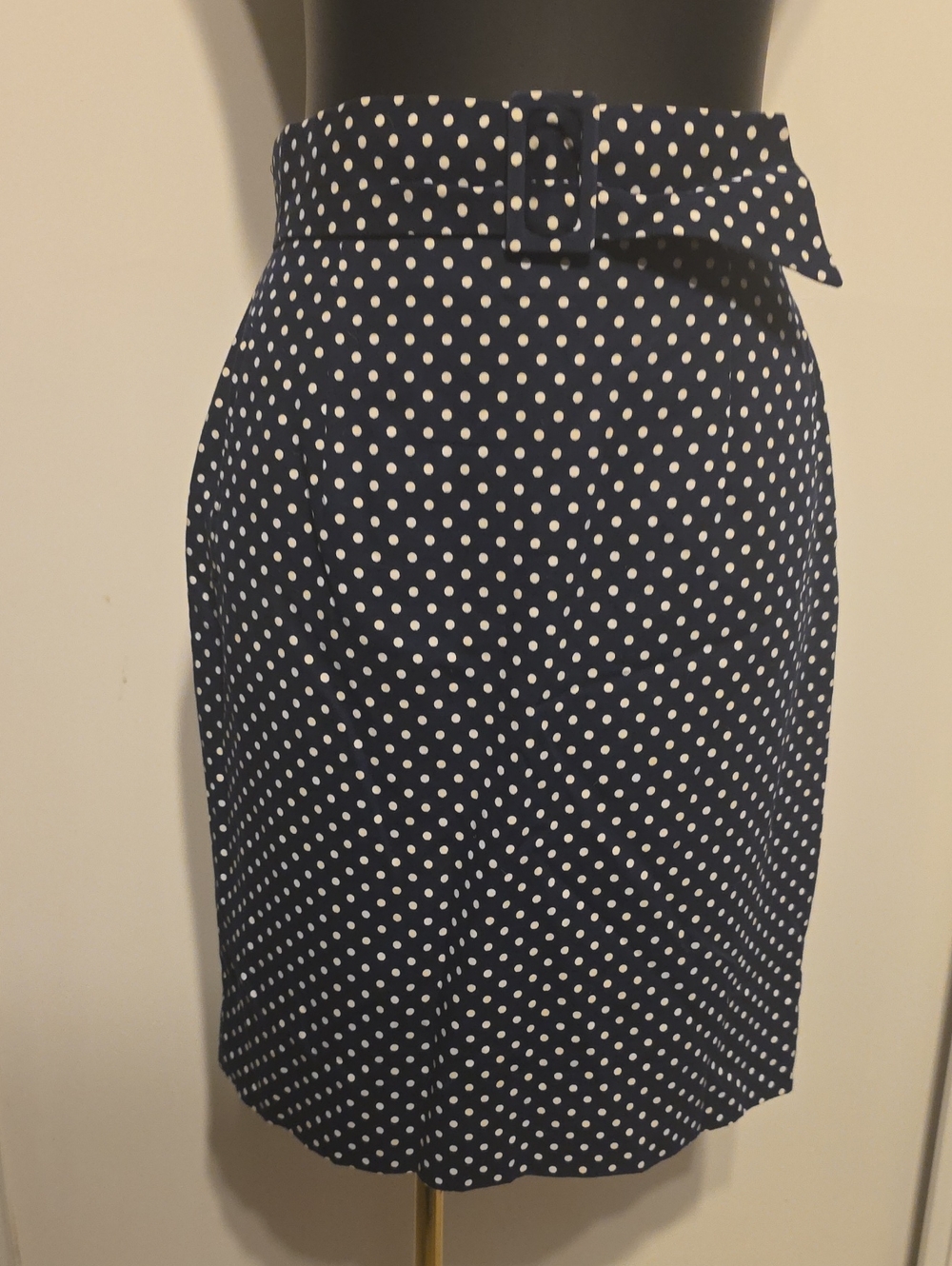 Ann Taylor Navy and White Polka Dot Belted Pencil Skirt